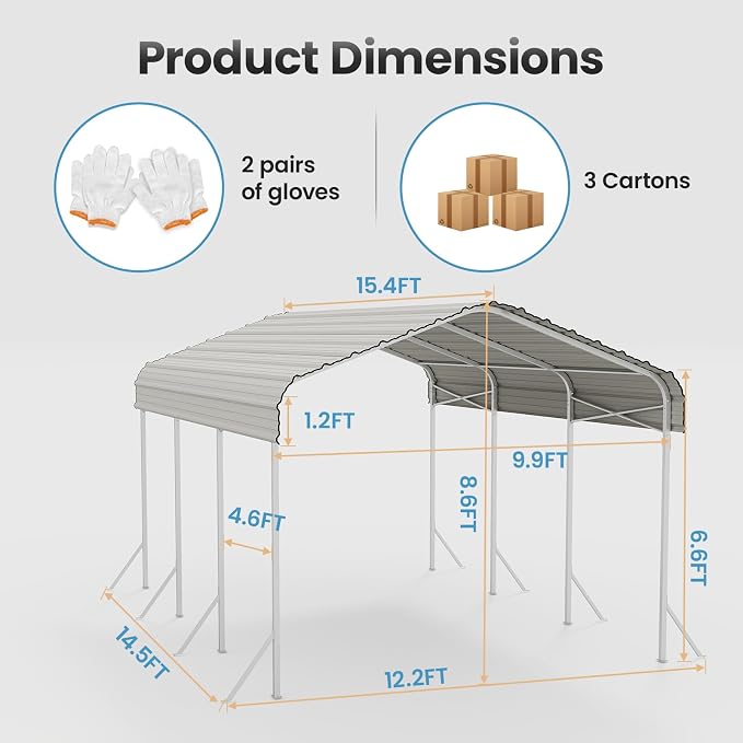 10X15ft Heavy Duty Metal Carport – Outdoor Galvanized Garage, Sturdy Structure - Image 8