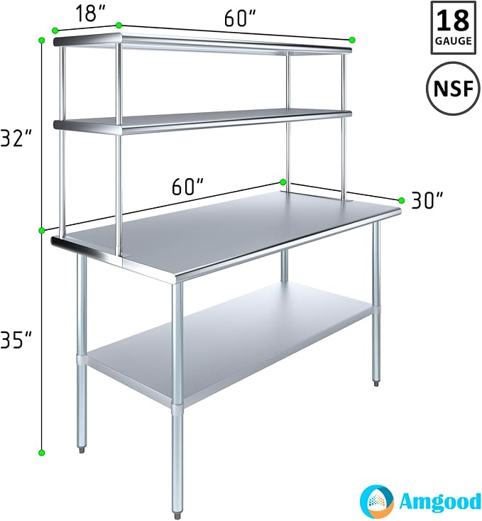 Amgood Stainless Steel Work Table Double Tier Overshelf | Metal Kitchen Prep - Image 3