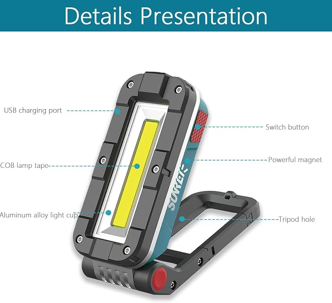 SUNREI LED Rechargeable Magnetic Work Lights COB Mechanic Lights, 1100 Lumens - Image 2