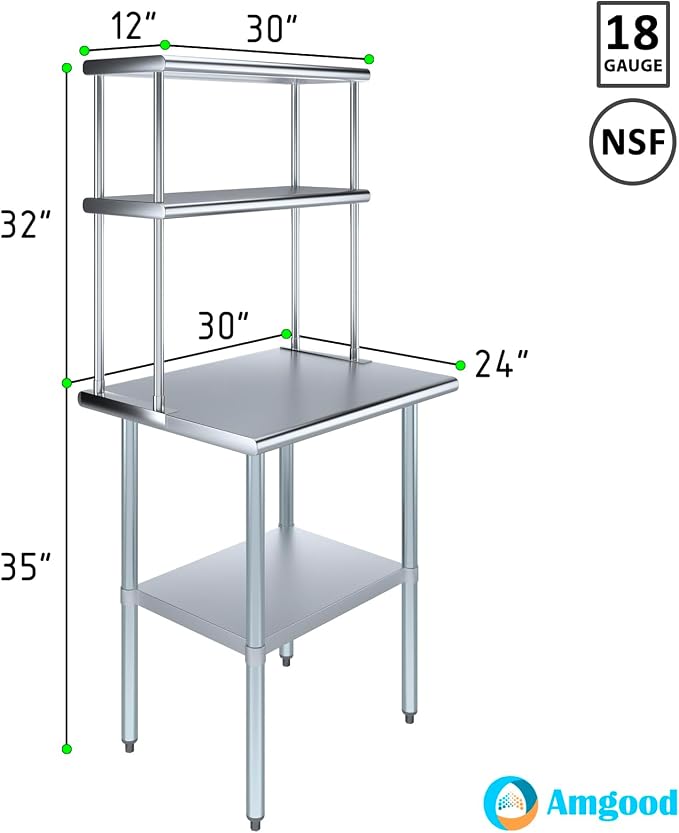 Amgood Stainless Steel Work Table Double Tier Overshelf | Metal Kitchen Prep - Image 3