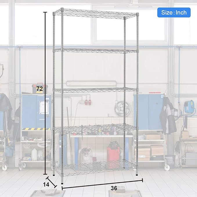 BestOffice 14''Wx36''Dx72''H NSF Wire Shelf Metal 5 Shelf Wire Shelving Unit - Image 3