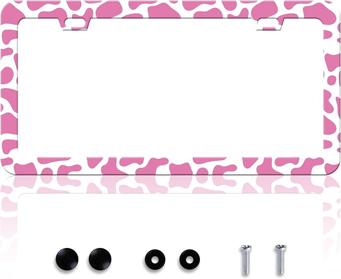 Pink Cow Print License Plate Frame Animal Texture License Plate Frames by HOWKWAWY