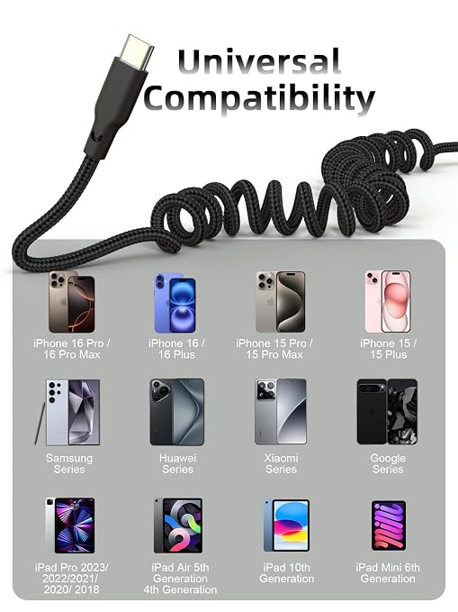 Car Carplay Cable 2Pack 3ft Coiled USB A to USB C Fast Charge Cord - Image 4