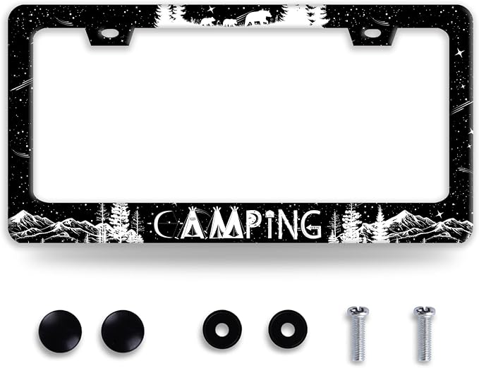 Camping License Plate Frame Forest Mountains License Plate Holder Funny by BRAGHRTED