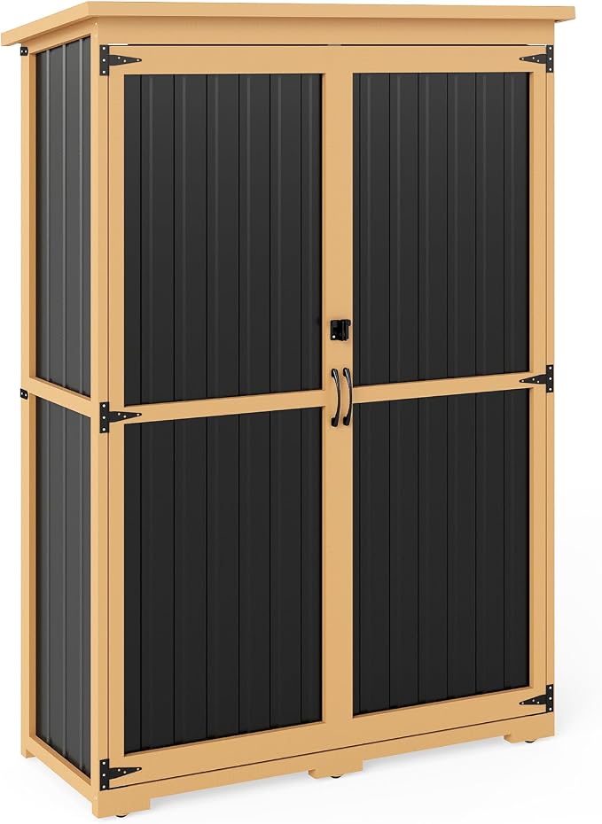 Outdoor Storage Shed with Shelf, Wood & Metal Storage Cabinet with Lockable - Image 7