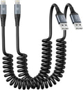 iPhone Charger Cable 6FT for Car, Coiled Lightning Cable 2 Pack 6 Feet by KIYODA