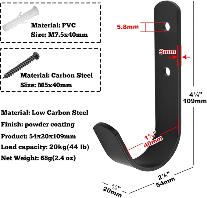10 Pack Black Steel J Hook, 4-1/4" x 2-1/8" Wall Mount Utility Hook - Image 2