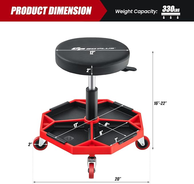 Goplus Garage Stool, 16”-22” Adjustable Rolling Mechanic Stool - Image 3