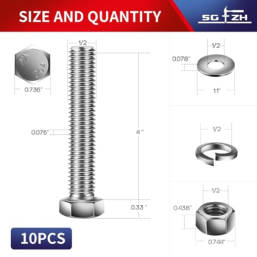1/2-13 x 4" Hex Head Screw Bolt, Flat & Lock Washers, Fully Threaded, by SG TZH - Image 2