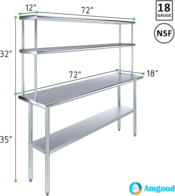 Amgood Stainless Steel Work Table Double Tier Overshelf | Metal Kitchen Prep - Image 3