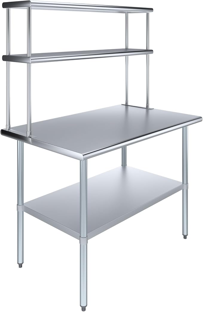Amgood Stainless Steel Work Table Double Tier Overshelf | Metal Kitchen Prep by AmGood