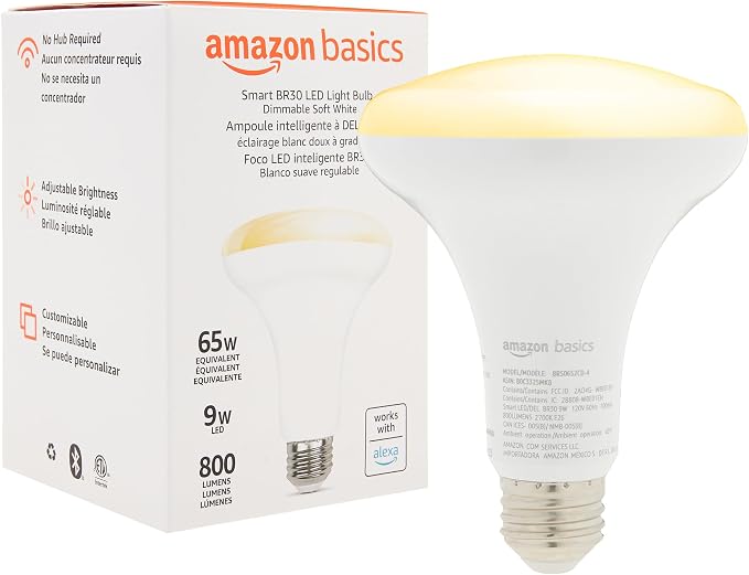 Amazon Basics Smart BR30 LED Light Bulb, Dimmable Soft White, Works by AmazonBasics