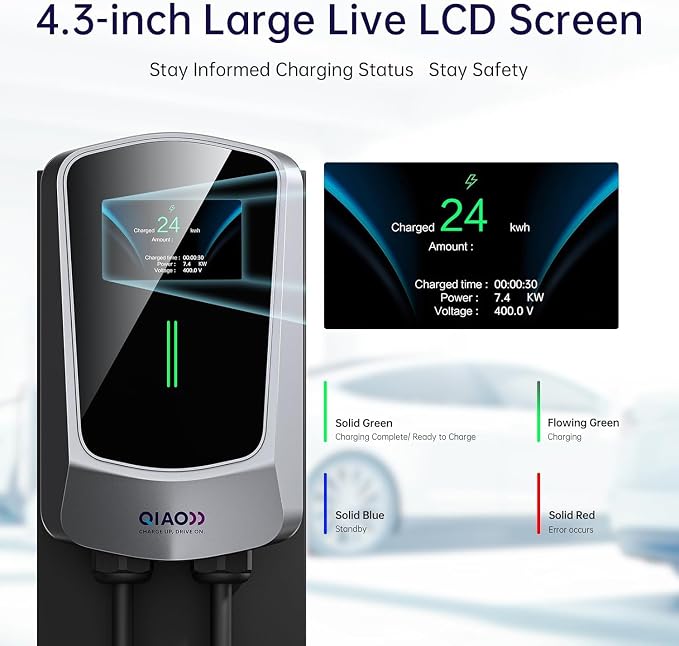 QIAO Level 2 EV Charger, Wi-Fi Bluetooth APP Enabled EVSE, 4.3in Display - Image 6