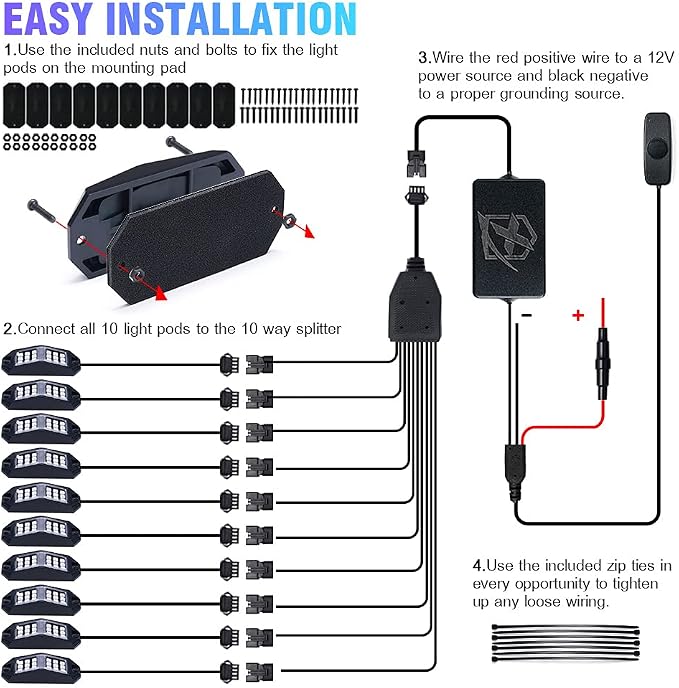 Xprite Jeep Rock Lights 10 Pods Wide Angle Bluetooth RGB LED Rocklights Kit - Image 6
