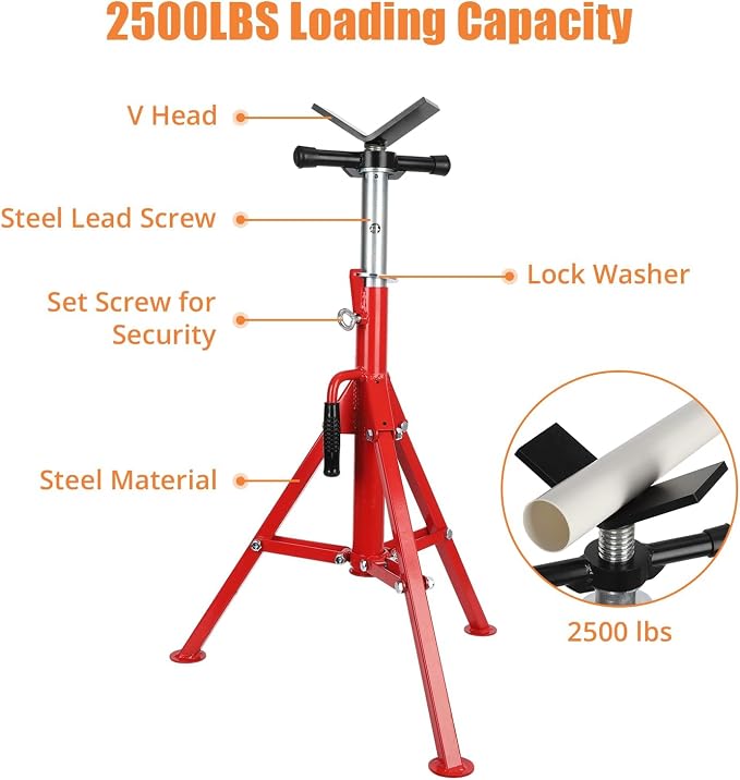 V-Head Pipe Jack Stand, 2500 Lbs Heavy-Duty Steel Pipe Stand - Image 3