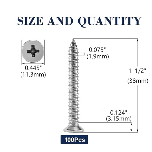#14 x 1-1/2" Wood Screw 100Pcs 18-8 Stainless Steel Screws Flat Head Phillips - Image 2