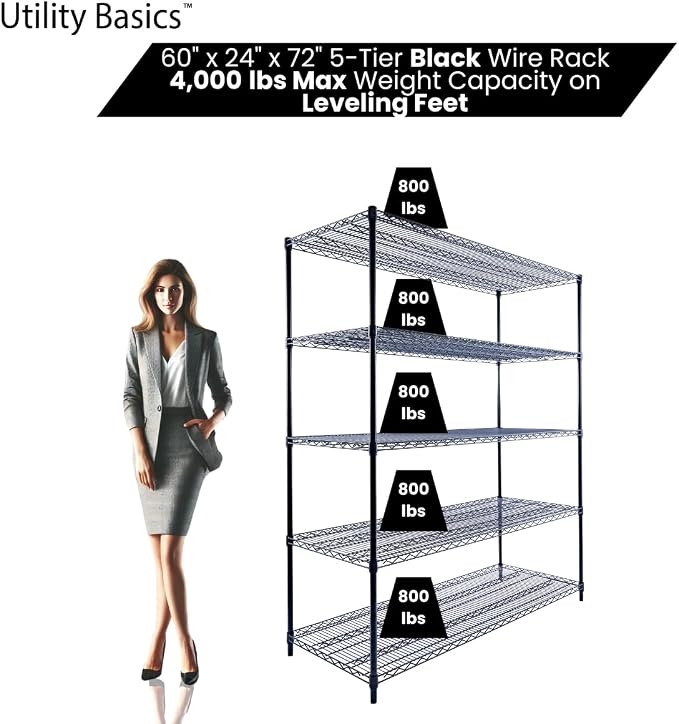 60"x24"x72" Black 5-Tier Premium Metal Wire Shelving NSF 4000 LBS MAX Capacity - Image 3