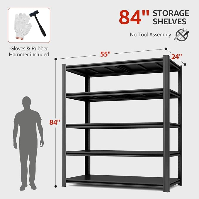 5 Tier Metal Shelving Unit 84" H x 55" W x 24" D, 3000LBS Adjustable Storage - Image 3