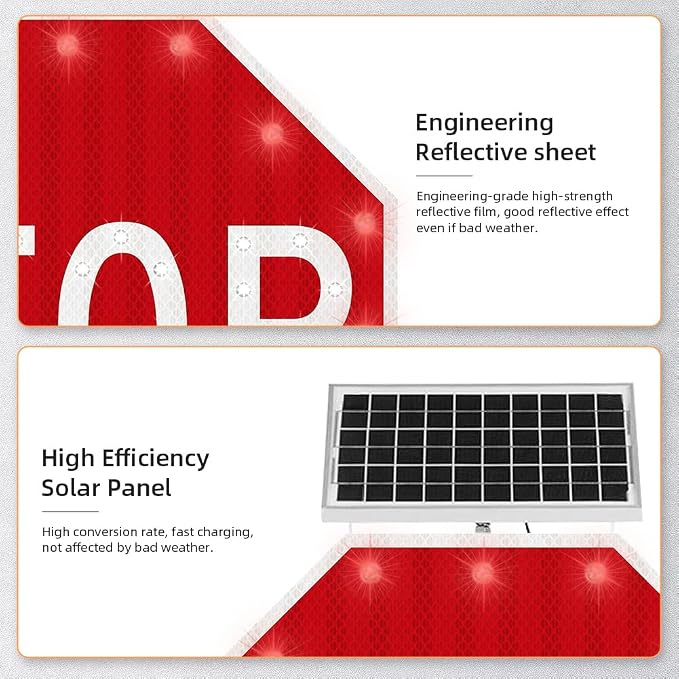 30" Solar Stop Sign Solar Powered LED Blinking Reflective Street Traffic - Image 5