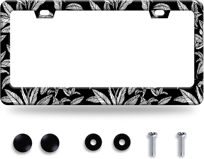 Black White Tropical Leaf License Plate Frame License Plate Stainless Steel by GORSNKYE