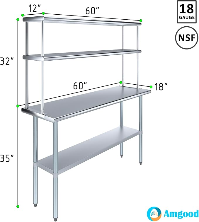 Amgood Stainless Steel Work Table Double Tier Overshelf | Metal Kitchen Prep - Image 3