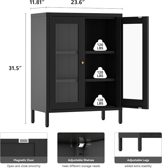 Metal Bathroom Cabinet with Glass Doors, Bathroom Floor Storage Cabinet with 2 - Image 2