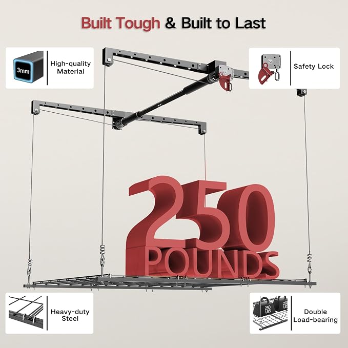 Overhead Garage Storage Lift, Adjustable Heavy-duty 4x4 Ft Ceiling Racks - Image 5