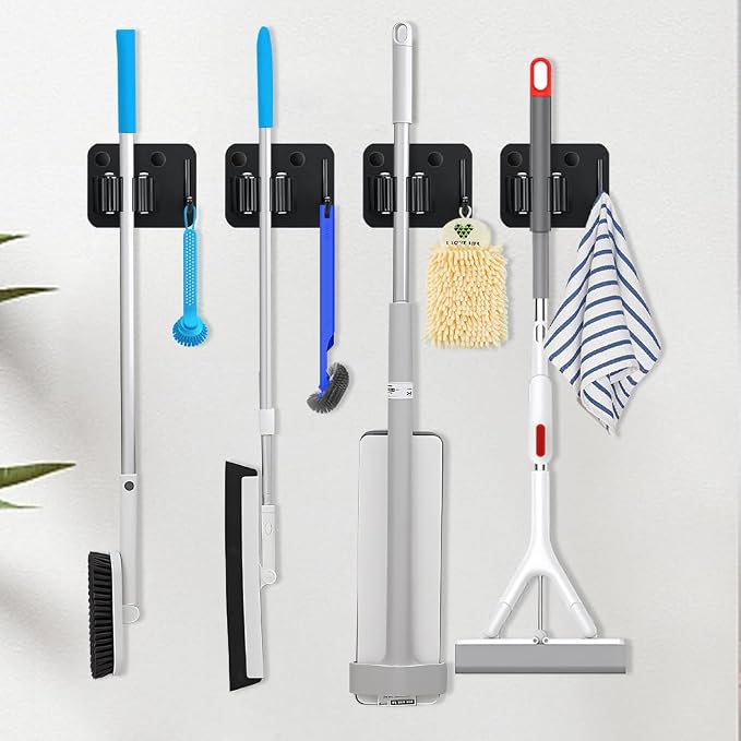 4-Pack Broom Holder with Heavy Duty Hooks, Upgraded Stainless Steel Mop Hanger. - Image 4