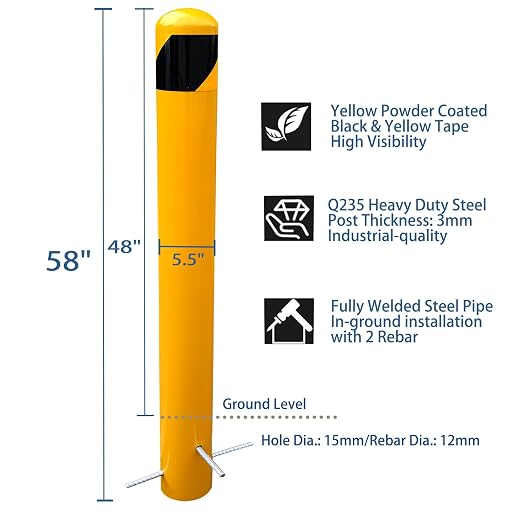 58" Pour in Place Steel Bollard Post, 5-1/2" OD Safety Bollard Yellow Powder - Image 3
