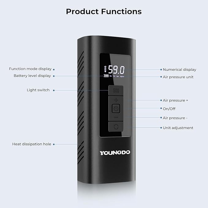 YOUNGDO Tire Inflator Portable Air Compressor, 150 PSI & 6000mAh, Tire Inflator - Image 9