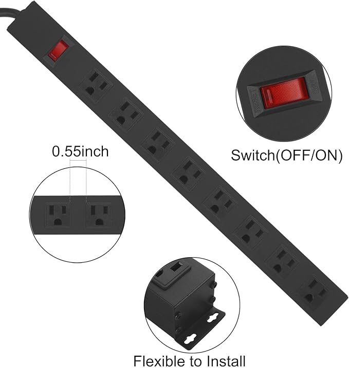 Metal 8 Outlet Mountable Power Strip, Wall Mount Outlet Heavy Duty, Wide Spaced - Image 4