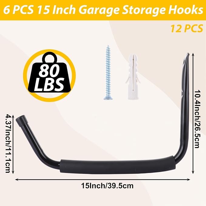 6 PCS 15 Inch Garage Hooks Heavy Duty Kayak Storage Hooks Hanger Black Kayak - Image 2