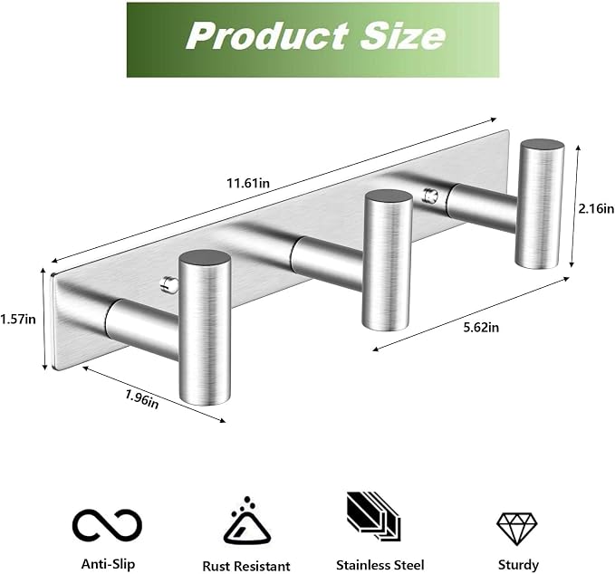Wall Mounted Coat Rack-3 Hooks, Heavy Duty Stainless Steel Hook Rail - Image 2