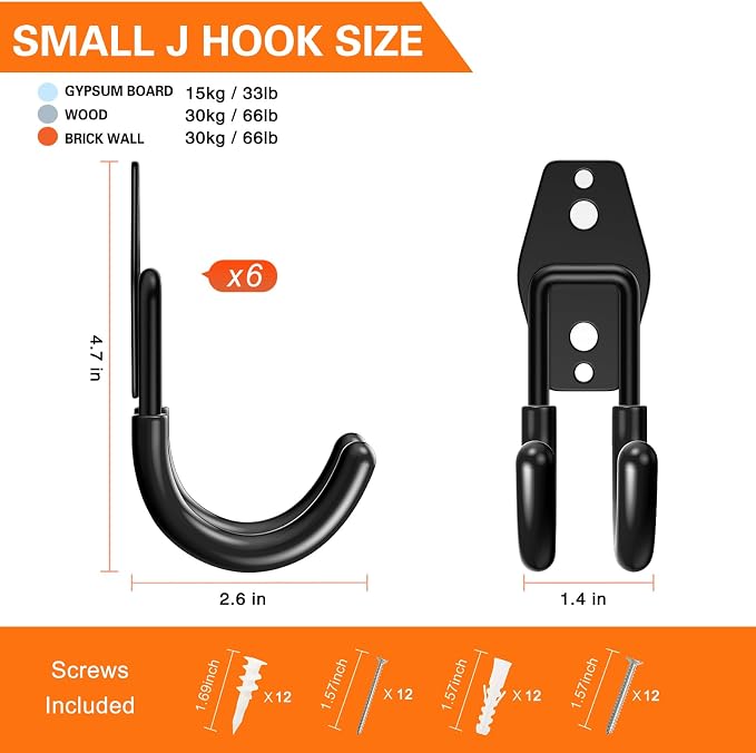 Heavy Duty Garage Hooks 6 Pack, J Shaped Hanger, Wall Mounted Storage System - Image 2
