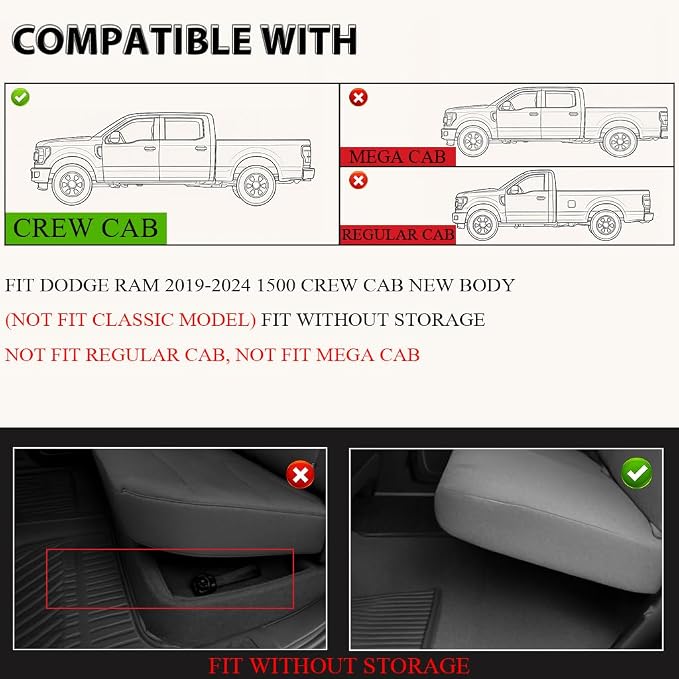 G-PLUS Floor Mats Fit for 2019-2024 Dodge Ram 1500 Crew Cab New Body Without - Image 2