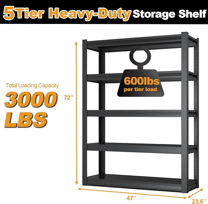 72H Metal Kitchen Storage Shelves, 3000LBS Heavy Duty Garage Shelving Unit - Image 2