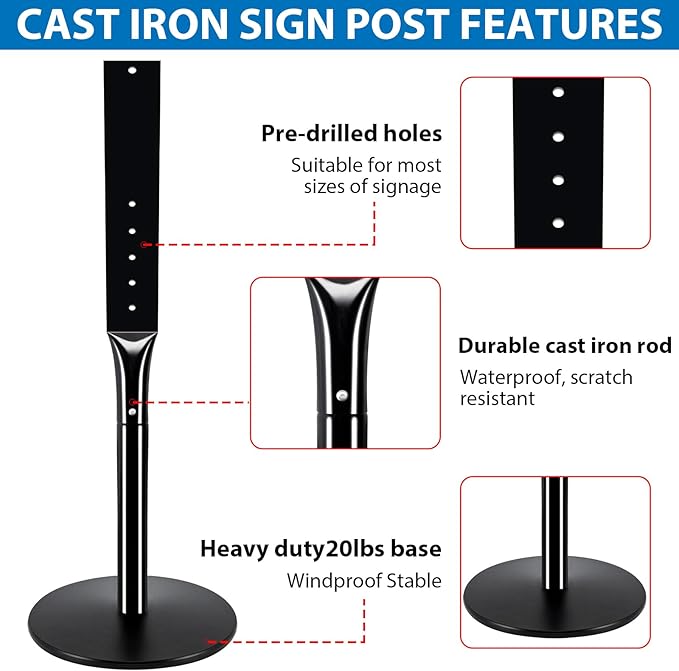Heavy Duty Parking Sign Post Stand 49", 20lbs Cast Iron Base Sign Post - Image 5