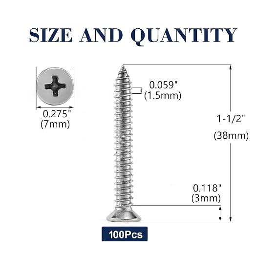 #7 x 1-1/2" Wood Screw 100Pcs 18-8 Stainless Steel Screws Flat Head Phillips - Image 2