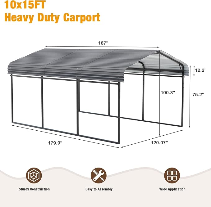 EBE 10 x 15 FT Outdoor Carport, Heavy Duty Metal Carports - Image 2