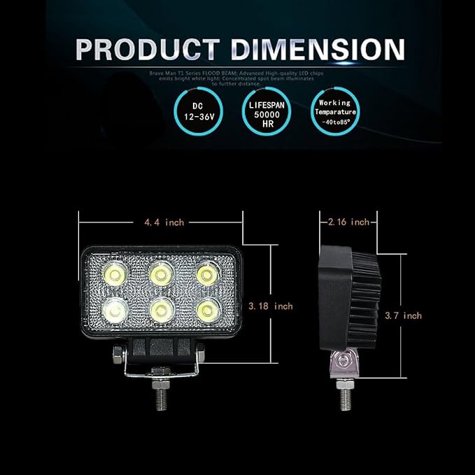 2PACK 18W Rectangle High Power 12/24 volt LED Work Light, 2400LM Foglight - Image 6
