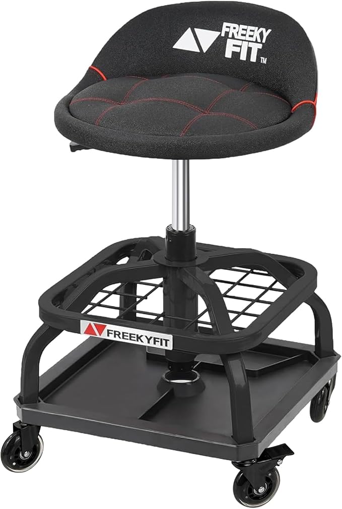 Rolling Shop Stool with Wheels, Garage Work Mechanic Stool with Backrest by FreekyFit