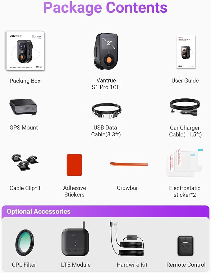 Vantrue S1 Pro 2.7K Front Mini Dash Cam, 2.5K@60FPS, STARVIS 2, Voice Control - Image 9