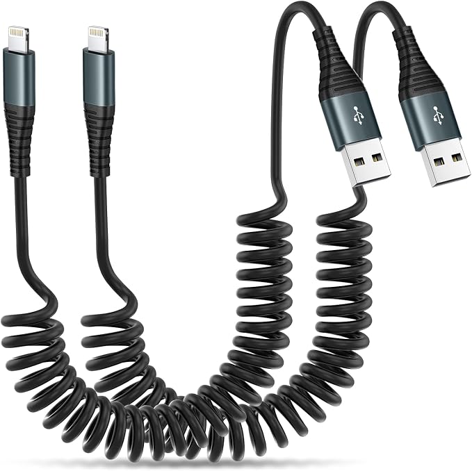 Coiled Lightning Cable 6FT, 2 Pack MFi Certified Retractable iPhone Car Charger by Heartbeats