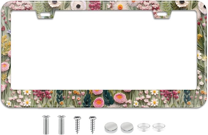 3D License Plate Frame Embroidered Floral Pattern Stainless Steel License Plate by TXWWXT