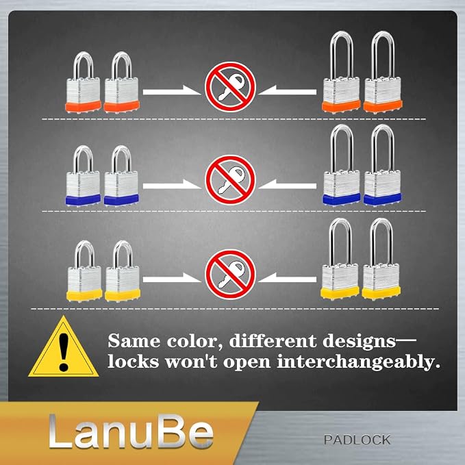 Lanube Lock 12-Pack Laminated Keyed Padlock Set 3 Colors, 2 Short 2 Long - Image 2