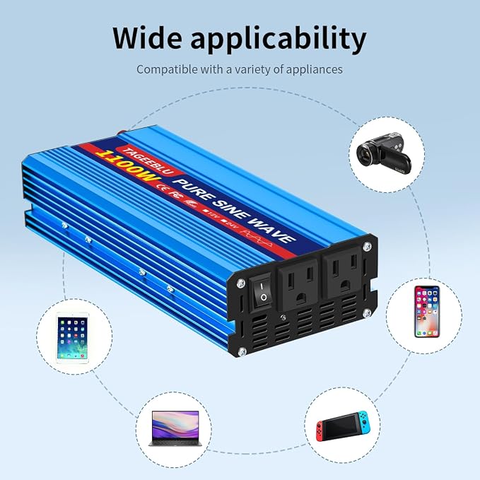 1100 Watt Pure Sine Wave Inverter, Solar Power Inverter, 12V DC to 110V AC - Image 8