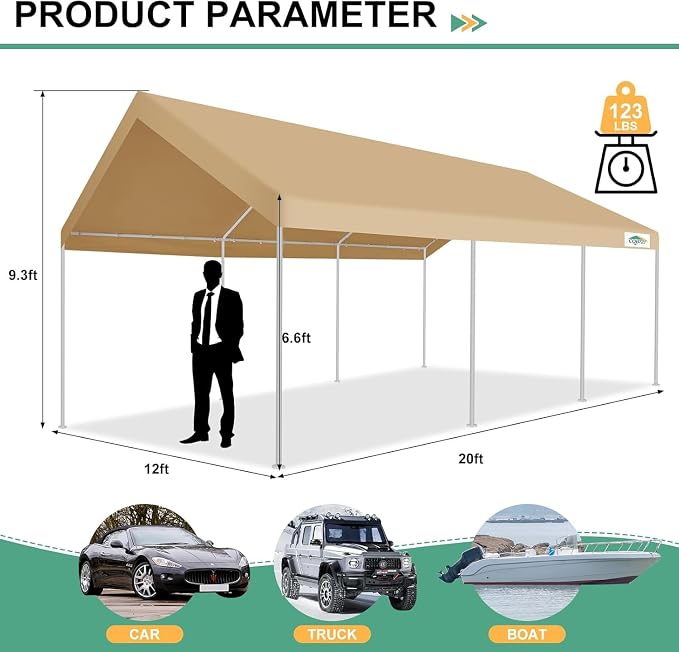 COBIZI 12x20ft Carport Heavy Duty, Portable Car Garage Outdoor Party Tent - Image 5