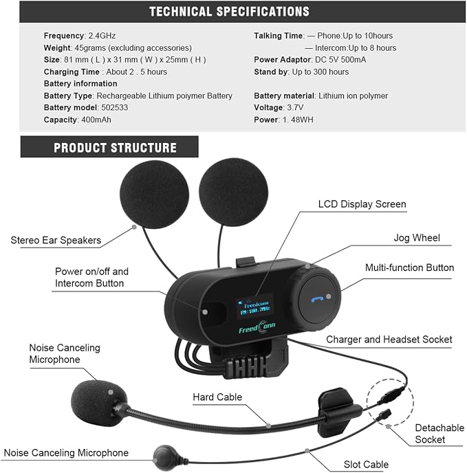 FreedConn 1pcs TCOM-SC Bluetooth Motorcycle Headset, 2-3 Riders Helmet - Image 2