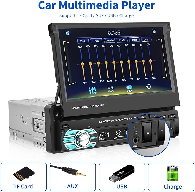 Hikity Carplay Single Din Car Stereo, 7 Inch Flip Out Touch Screen Car Radio - Image 8
