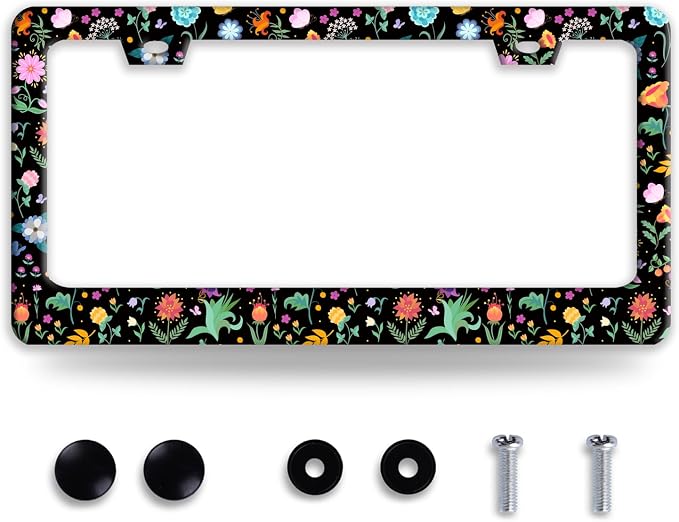 Colorful Flowers License Plate Frame Folk Art Floral License Plate Holder Funny by BRAGHRTED